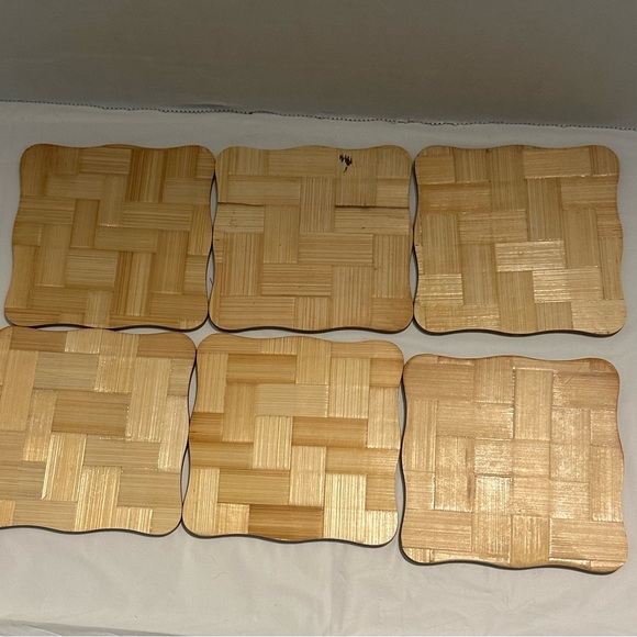 Set Of Six Vintage  Asian Bamboo Coasters With Wooden Holder - Picture 6 of 12